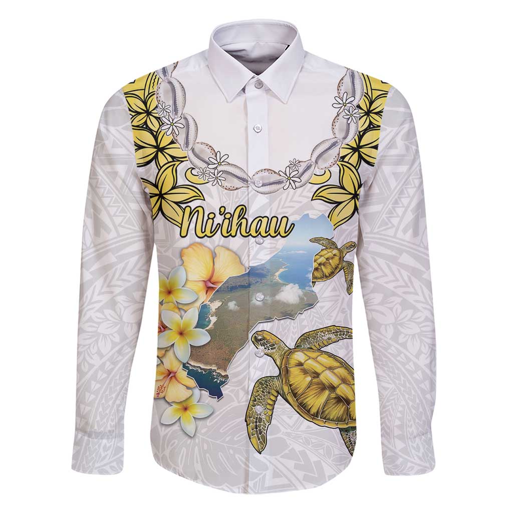 Personalised Aloha Hawaii Niihau Island Family Matching Summer Maxi Dress and Hawaiian Shirt Forbidden Isle Map Shell Lei LT14 Dad's Shirt - Long Sleeve Yellow - Polynesian Pride
