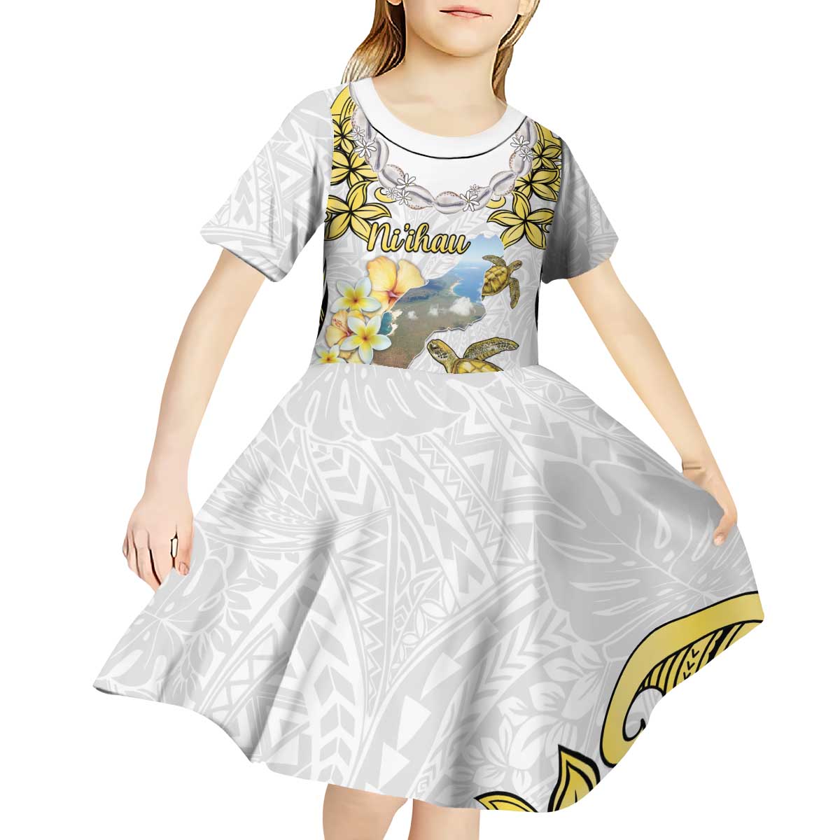Personalised Aloha Hawaii Niihau Island Kid Short Sleeve Dress Forbidden Isle Map Shell Lei