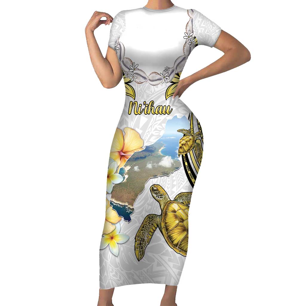 Personalised Aloha Hawaii Niihau Island Short Sleeve Bodycon Dress Forbidden Isle Map Shell Lei