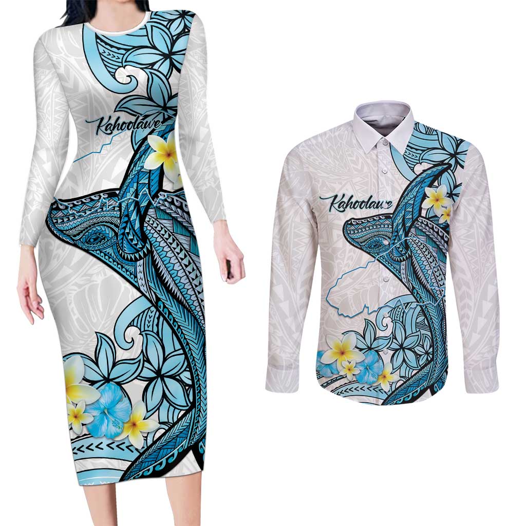 Personalised Aloha Hawaii Kahoolawe Island Couples Matching Long Sleeve Bodycon Dress and Long Sleeve Button Shirt Target Isle Map With Humpback Whale LT14 Blue - Polynesian Pride