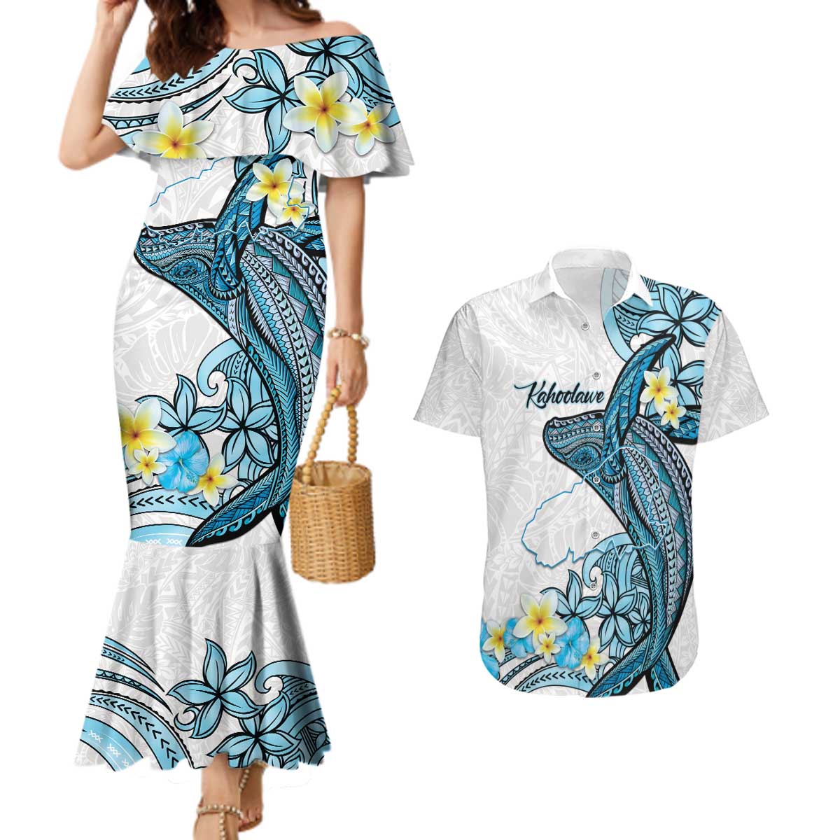 Personalised Aloha Hawaii Kahoolawe Island Couples Matching Mermaid Dress and Hawaiian Shirt Target Isle Map With Humpback Whale LT14 Blue - Polynesian Pride