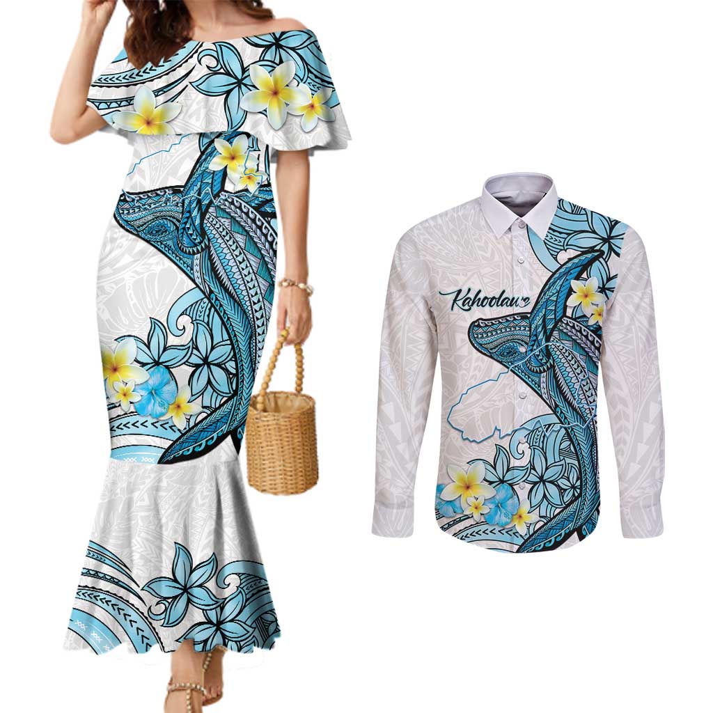 Personalised Aloha Hawaii Kahoolawe Island Couples Matching Mermaid Dress and Long Sleeve Button Shirt Target Isle Map With Humpback Whale LT14 Blue - Polynesian Pride