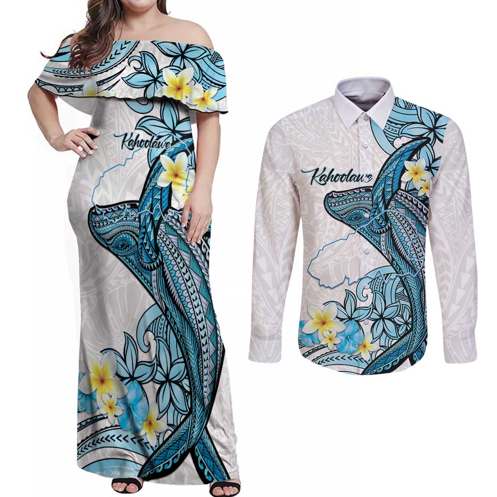 Personalised Aloha Hawaii Kahoolawe Island Couples Matching Off Shoulder Maxi Dress and Long Sleeve Button Shirt Target Isle Map With Humpback Whale LT14 Blue - Polynesian Pride