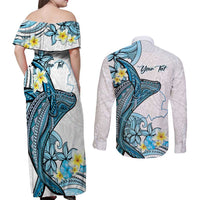 Personalised Aloha Hawaii Kahoolawe Island Couples Matching Off Shoulder Maxi Dress and Long Sleeve Button Shirt Target Isle Map With Humpback Whale