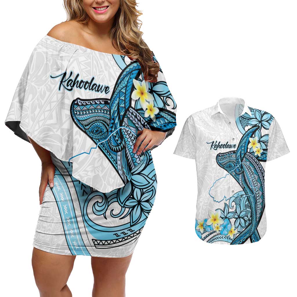 Personalised Aloha Hawaii Kahoolawe Island Couples Matching Off Shoulder Short Dress and Hawaiian Shirt Target Isle Map With Humpback Whale LT14 Blue - Polynesian Pride