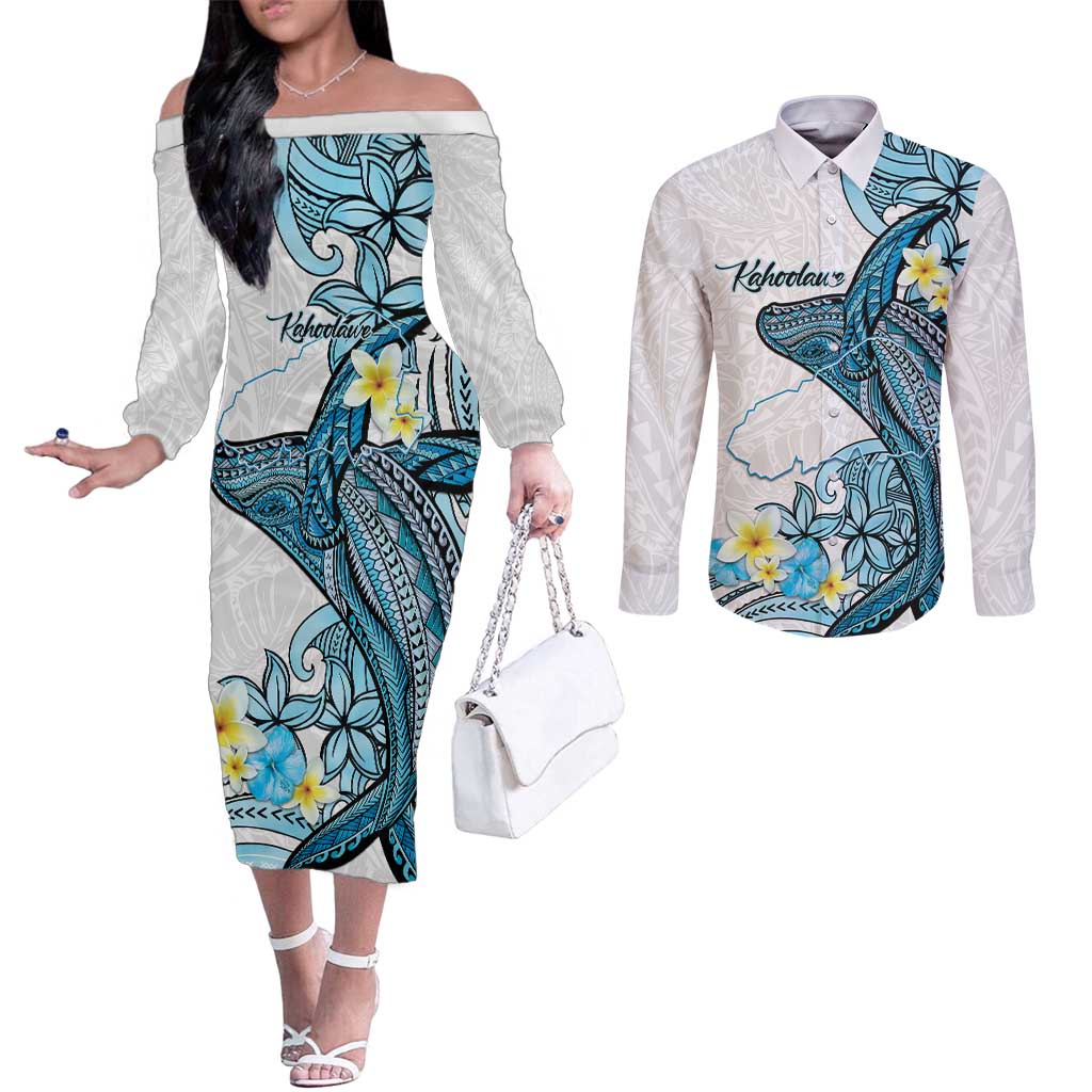 Personalised Aloha Hawaii Kahoolawe Island Couples Matching Off The Shoulder Long Sleeve Dress and Long Sleeve Button Shirt Target Isle Map With Humpback Whale LT14 Blue - Polynesian Pride