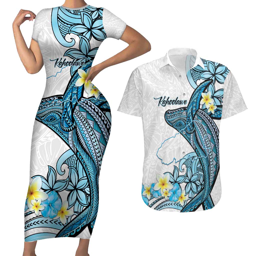Personalised Aloha Hawaii Kahoolawe Island Couples Matching Short Sleeve Bodycon Dress and Hawaiian Shirt Target Isle Map With Humpback Whale LT14 Blue - Polynesian Pride