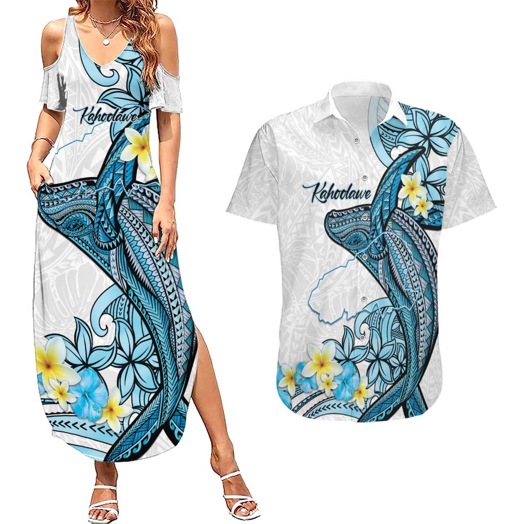 Personalised Aloha Hawaii Kahoolawe Island Couples Matching Summer Maxi Dress and Hawaiian Shirt Target Isle Map With Humpback Whale LT14 Blue - Polynesian Pride