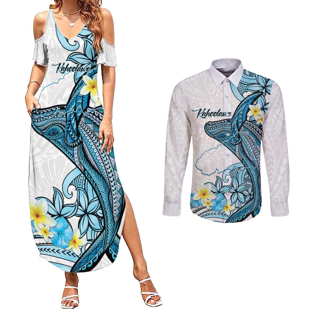 Personalised Aloha Hawaii Kahoolawe Island Couples Matching Summer Maxi Dress and Long Sleeve Button Shirt Target Isle Map With Humpback Whale LT14 Blue - Polynesian Pride