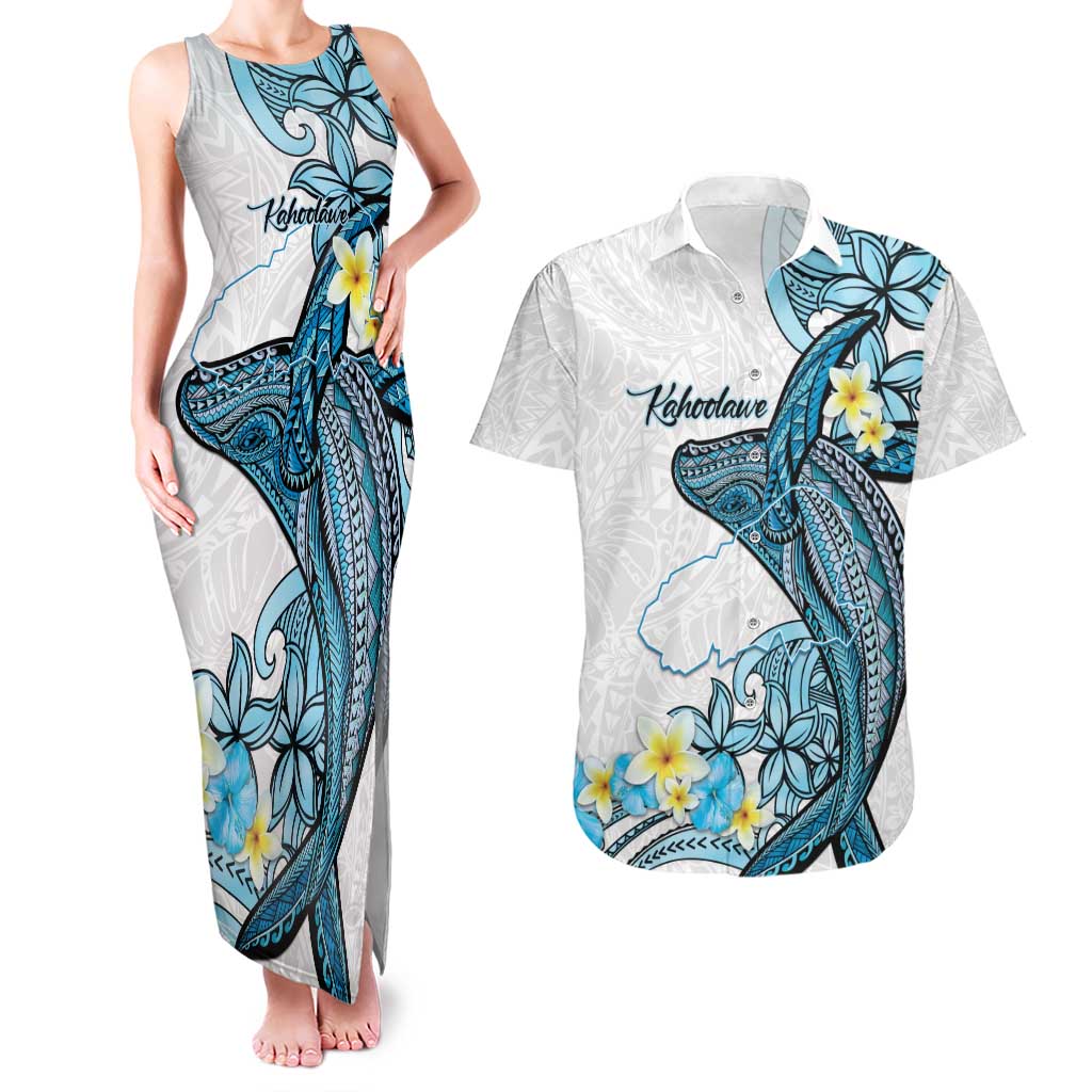 Personalised Aloha Hawaii Kahoolawe Island Couples Matching Tank Maxi Dress and Hawaiian Shirt Target Isle Map With Humpback Whale LT14 Blue - Polynesian Pride