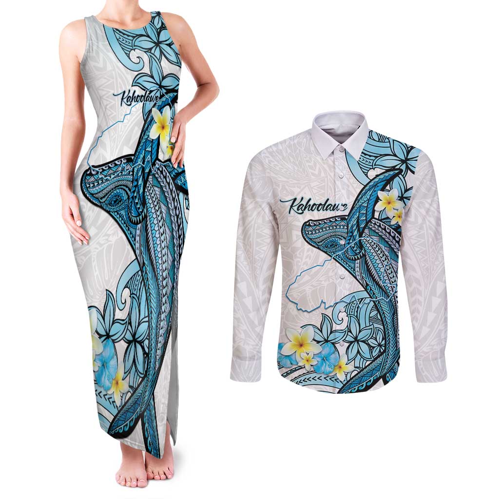 Personalised Aloha Hawaii Kahoolawe Island Couples Matching Tank Maxi Dress and Long Sleeve Button Shirt Target Isle Map With Humpback Whale LT14 Blue - Polynesian Pride