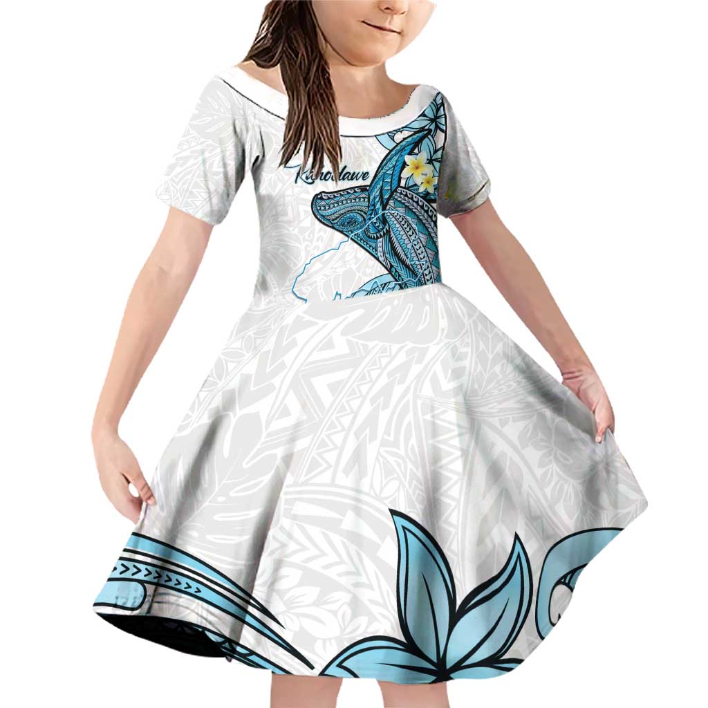 Personalised Aloha Hawaii Kahoolawe Island Family Matching Off Shoulder Short Dress and Hawaiian Shirt Target Isle Map With Humpback Whale LT14 Daughter's Dress Blue - Polynesian Pride