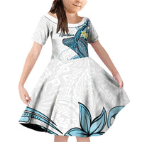 Personalised Aloha Hawaii Kahoolawe Island Family Matching Off Shoulder Short Dress and Hawaiian Shirt Target Isle Map With Humpback Whale LT14 Daughter's Dress Blue - Polynesian Pride