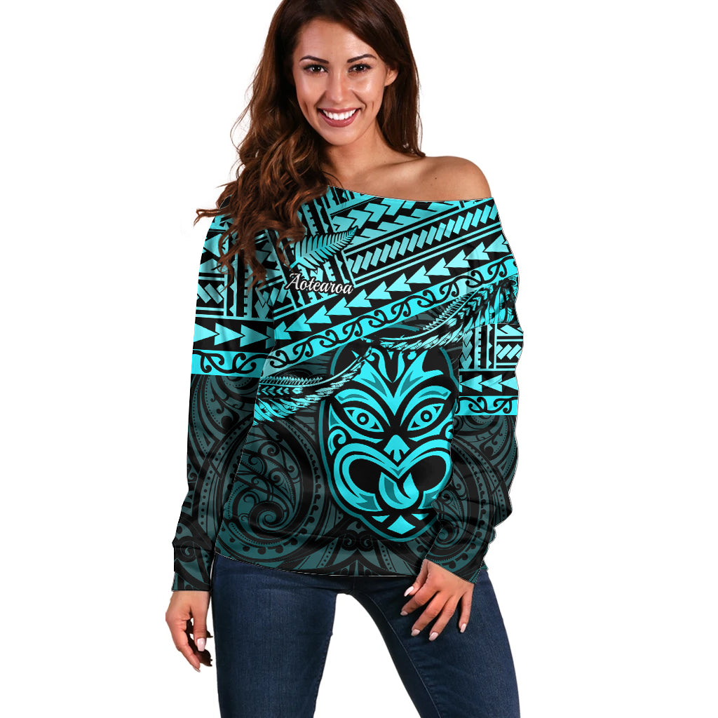 Personalised Matariki New Zealand Off Shoulder Sweater Maori New Year Tiki Turquoise Version LT14 Women Turquoise - Polynesian Pride