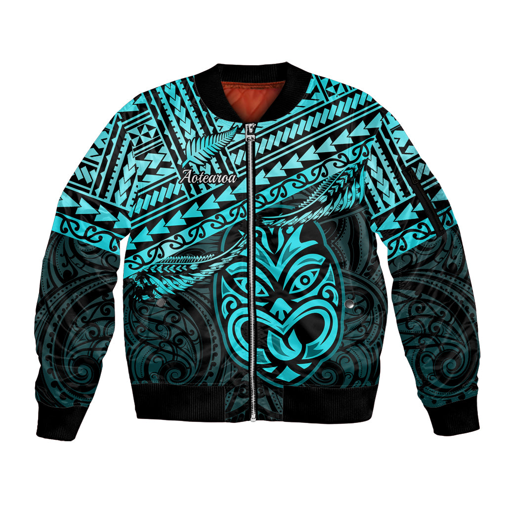 Personalised Matariki New Zealand Sleeve Zip Bomber Jacket Maori New Year Tiki Turquoise Version LT14 Unisex Turquoise - Polynesian Pride