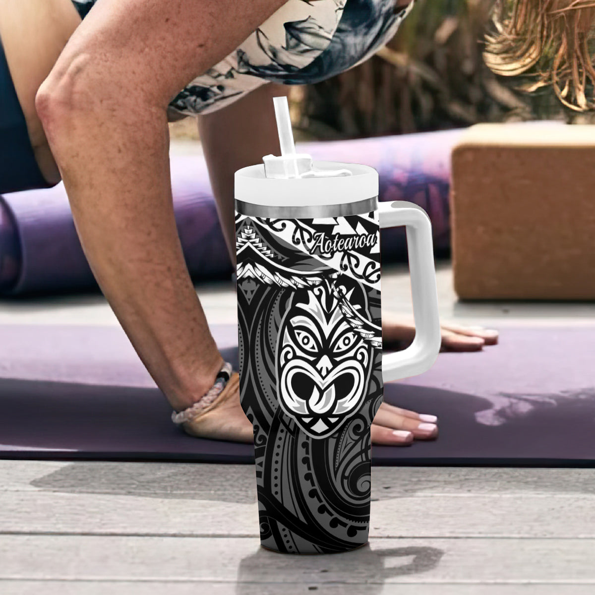 Matariki New Zealand Tumbler With Handle Maori New Year Tiki Black Version