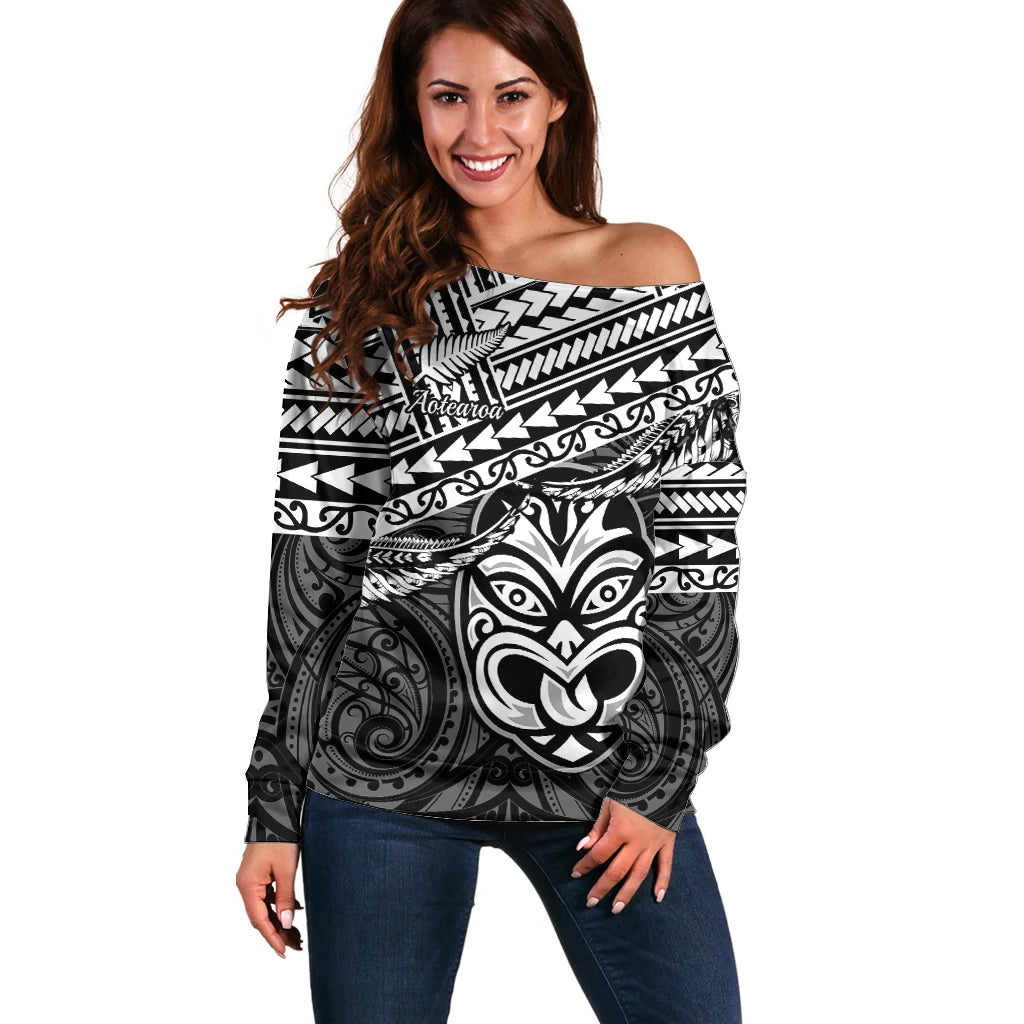 Personalised Matariki New Zealand Off Shoulder Sweater Maori New Year Tiki Black Version LT14 Women Black - Polynesian Pride