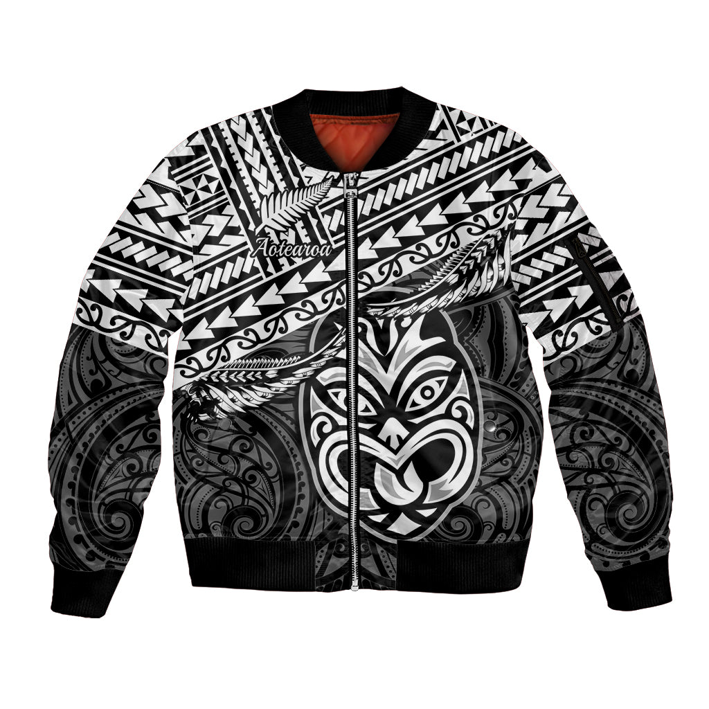 Personalised Matariki New Zealand Sleeve Zip Bomber Jacket Maori New Year Tiki Black Version LT14 Unisex Black - Polynesian Pride