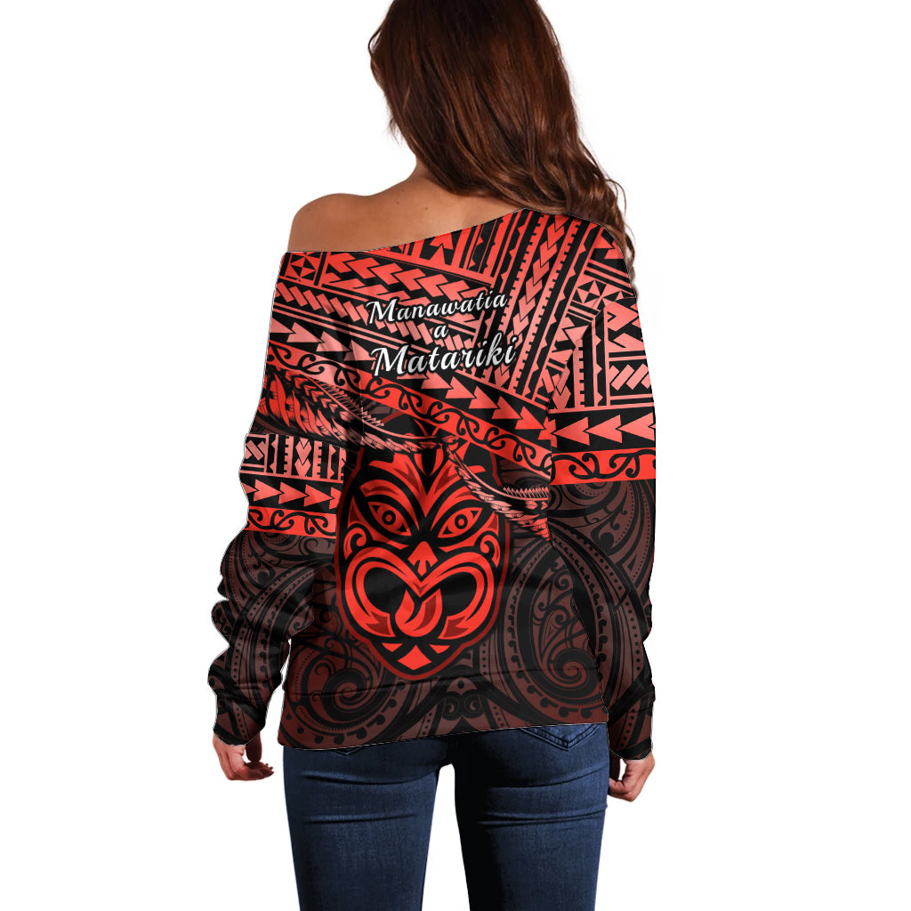 Matariki New Zealand Off Shoulder Sweater Maori New Year Tiki Red Version LT14