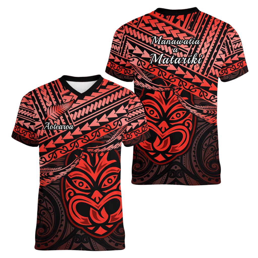 Matariki New Zealand Women V Neck T Shirt Maori New Year Tiki Red Version LT14