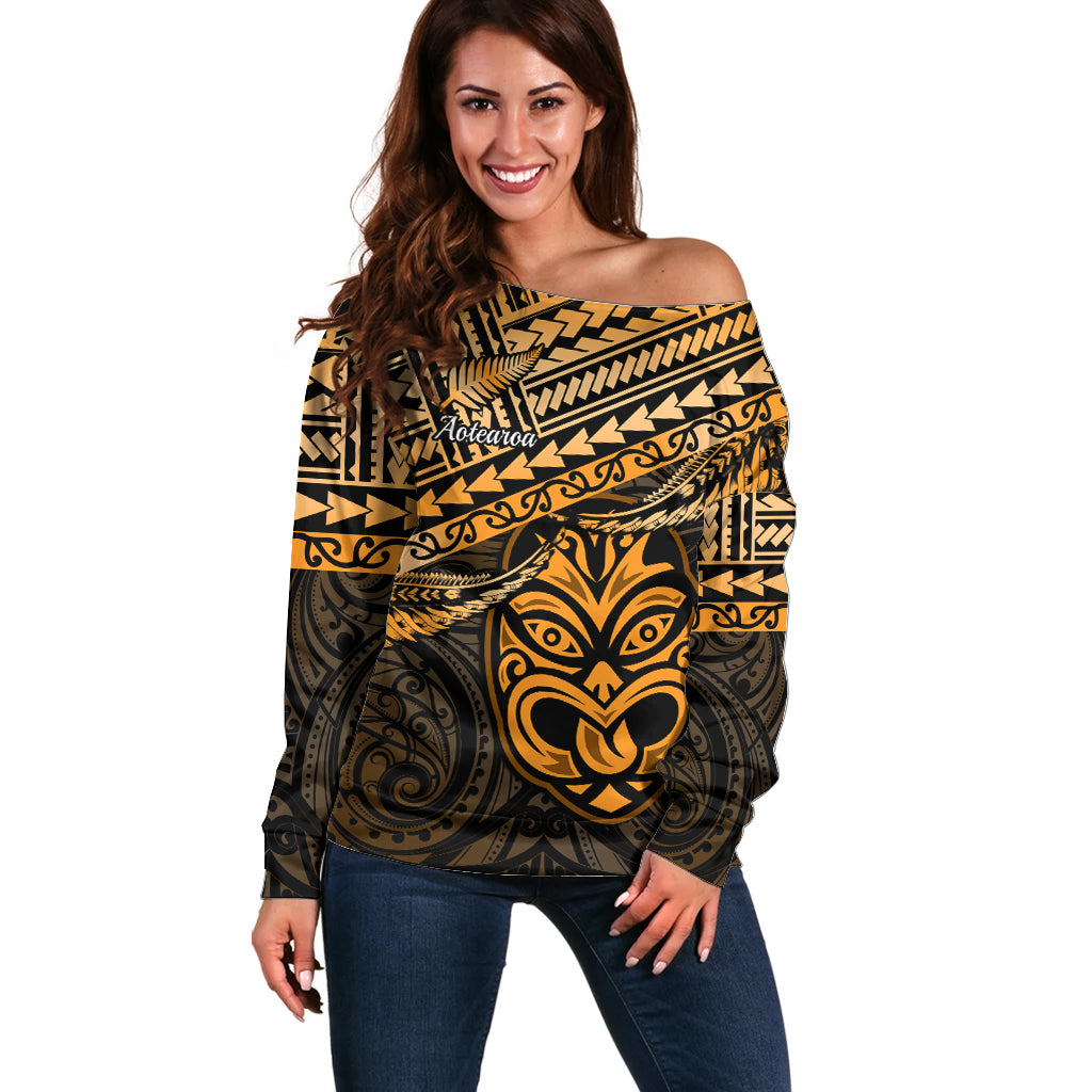 Personalised Matariki New Zealand Off Shoulder Sweater Maori New Year Tiki Gold Version LT14 Women Gold - Polynesian Pride