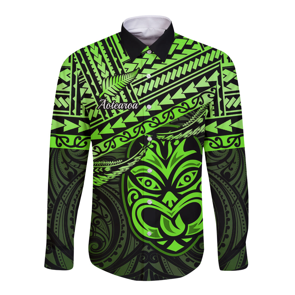 Personalised Matariki New Zealand Long Sleeve Button Shirt Maori New Year Tiki Green Version LT14 Unisex Green - Polynesian Pride