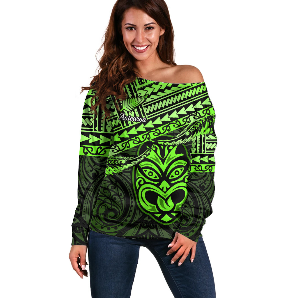 Personalised Matariki New Zealand Off Shoulder Sweater Maori New Year Tiki Green Version LT14 Women Green - Polynesian Pride