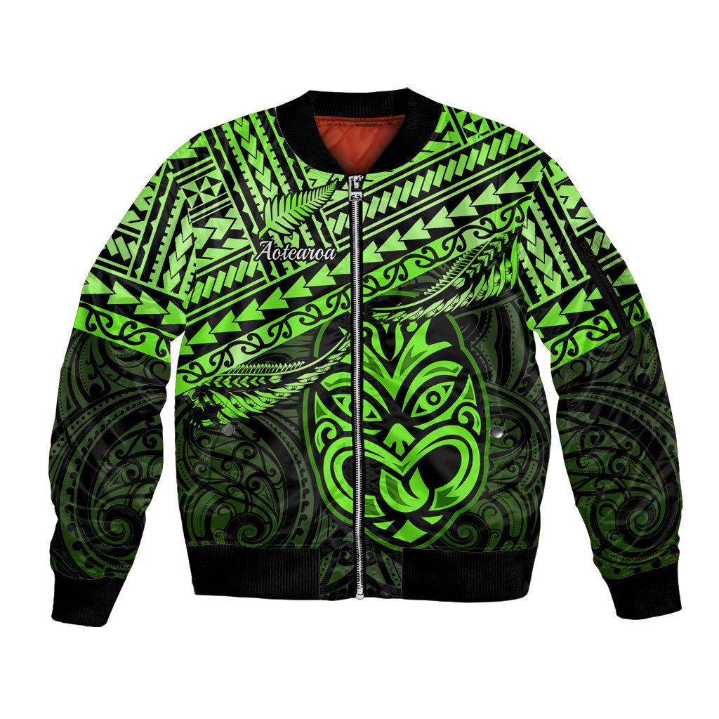 Personalised Matariki New Zealand Sleeve Zip Bomber Jacket Maori New Year Tiki Green Version LT14 Unisex Green - Polynesian Pride