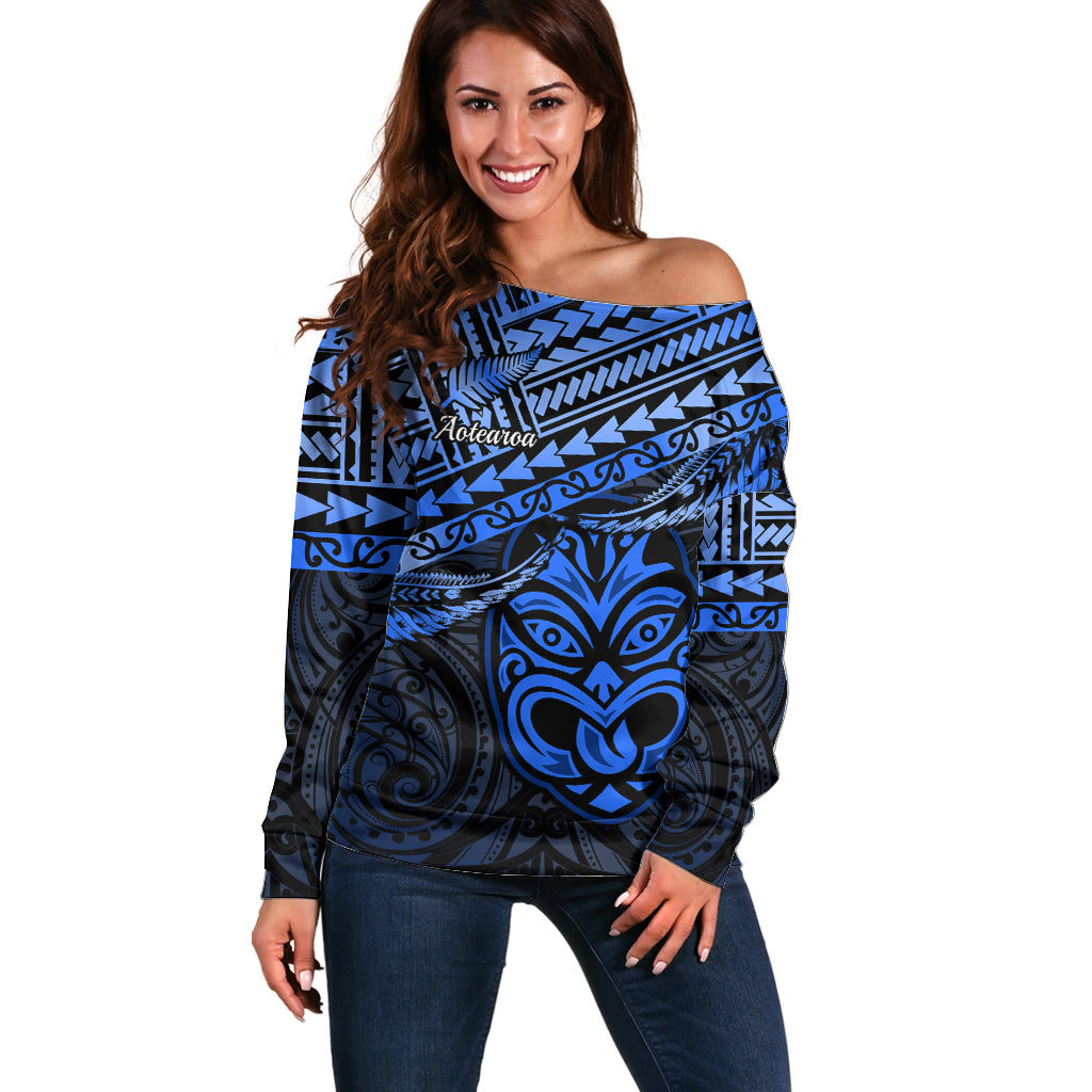 Personalised Matariki New Zealand Off Shoulder Sweater Maori New Year Tiki Blue Version LT14 Women Blue - Polynesian Pride