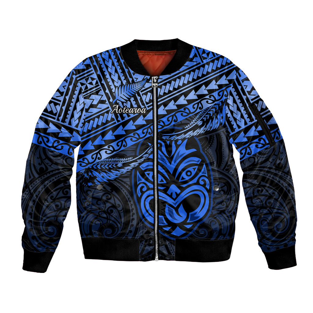 Personalised Matariki New Zealand Sleeve Zip Bomber Jacket Maori New Year Tiki Blue Version LT14 Unisex Blue - Polynesian Pride