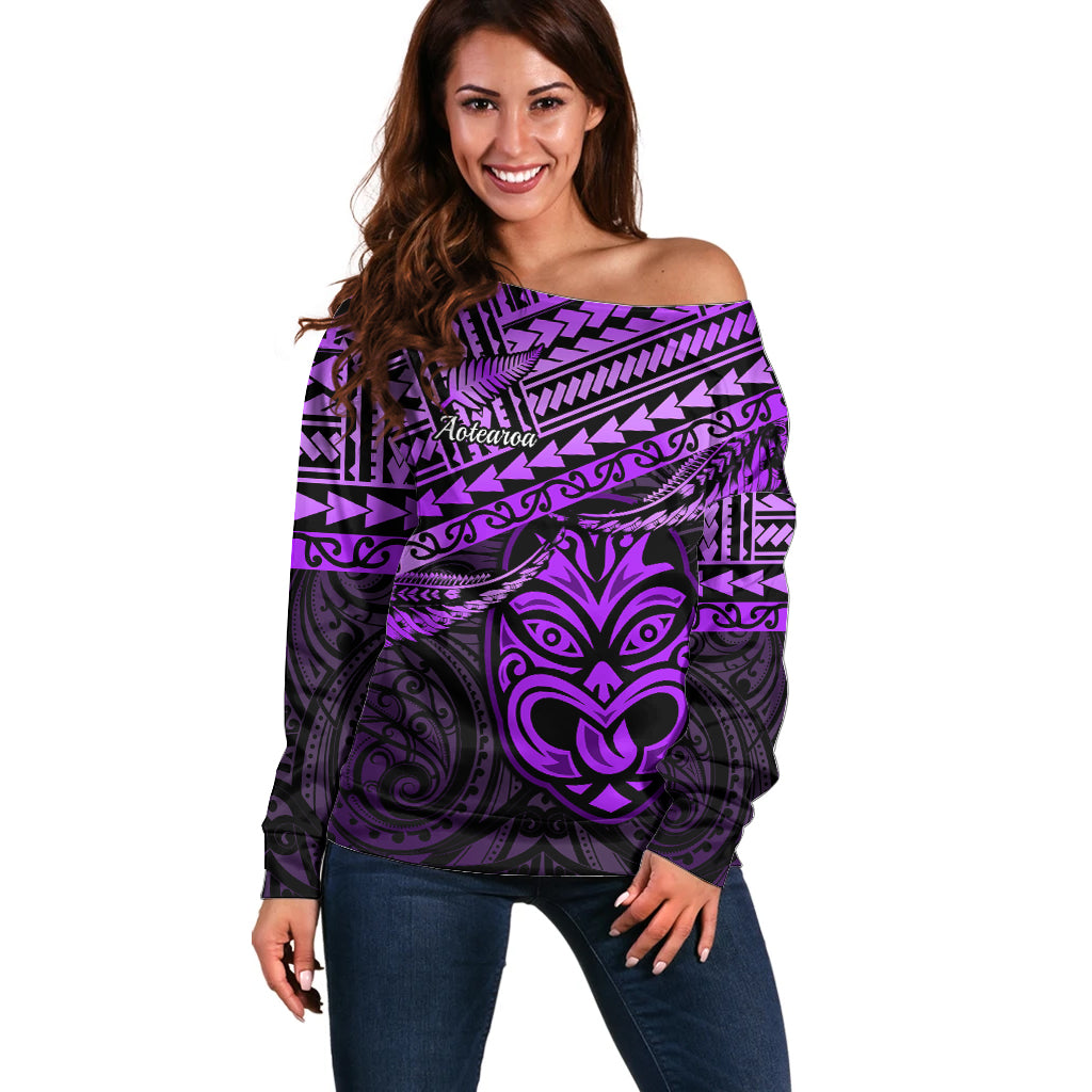 Personalised Matariki New Zealand Off Shoulder Sweater Maori New Year Tiki Purple Version LT14 Women Purple - Polynesian Pride