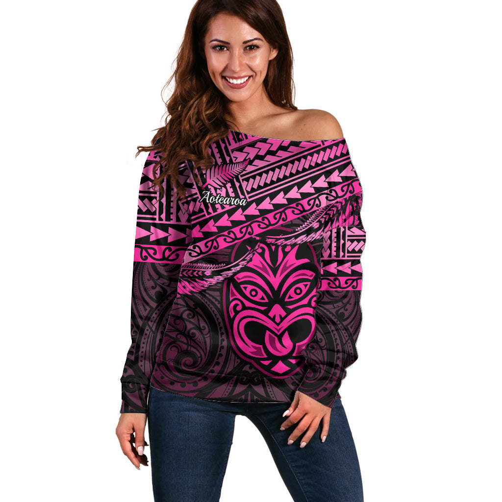 Personalised Matariki New Zealand Off Shoulder Sweater Maori New Year Tiki Pink Version LT14 Women Pink - Polynesian Pride