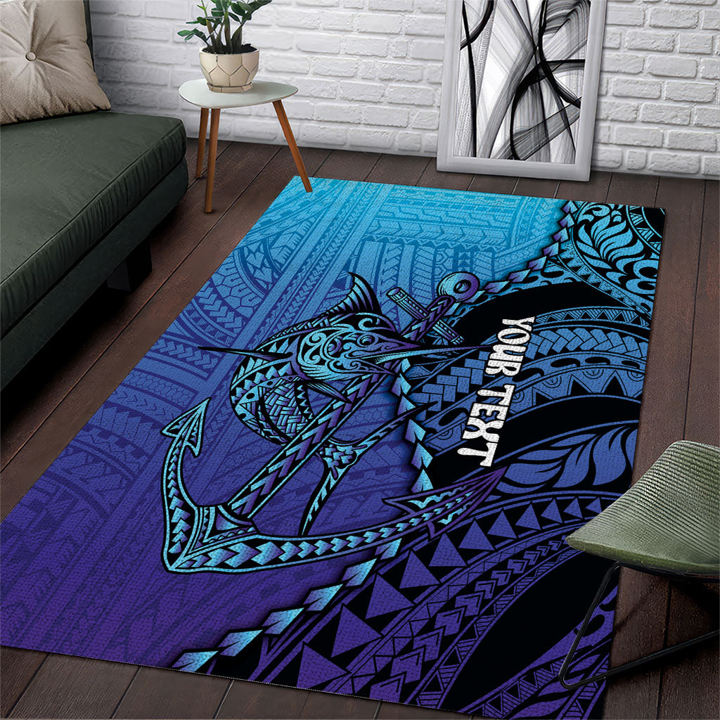 Personalised Polynesia Blue Marlin Fishing Area Rug Marlin Anchor Tattoo Polynesian Pattern
