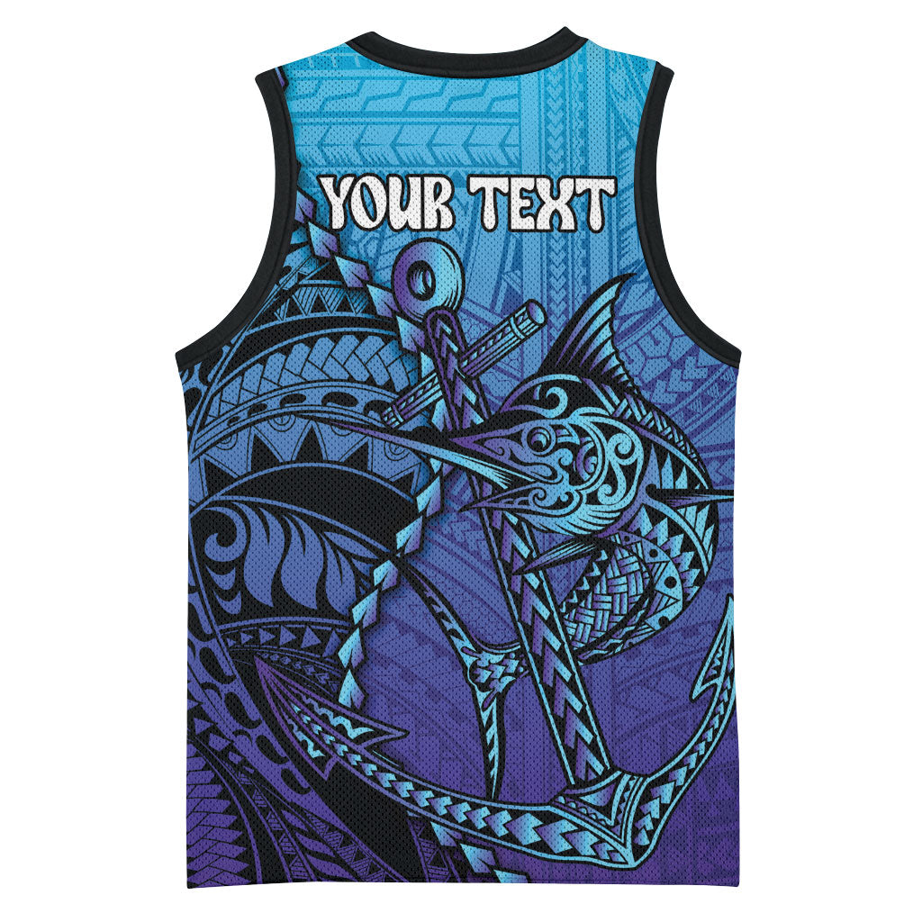 Personalised Polynesia Blue Marlin Fishing Basketball Jersey Marlin Anchor Tattoo Polynesian Pattern