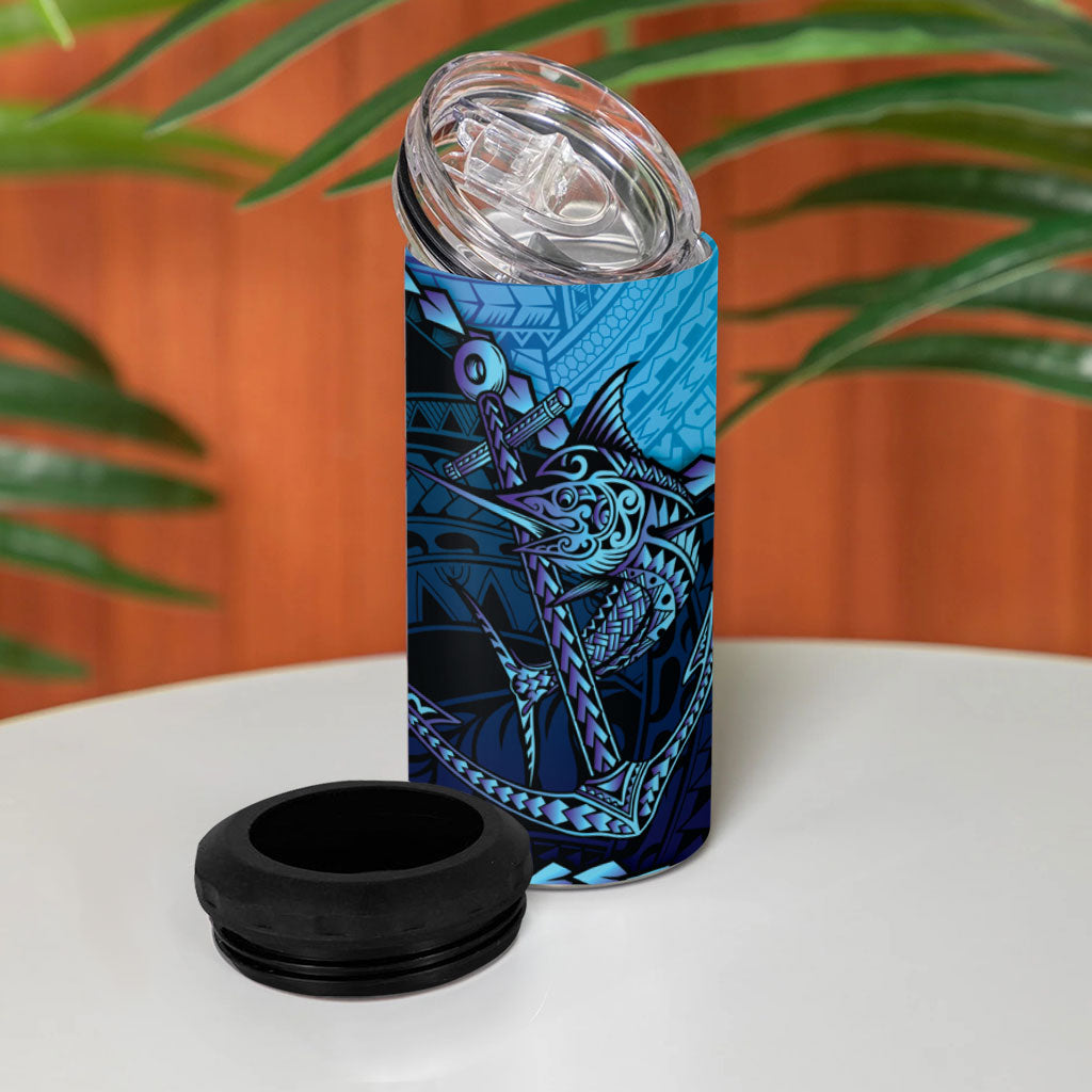 Personalised Polynesia Blue Marlin Fishing 4 in 1 Can Cooler Tumbler Marlin Anchor Tattoo Polynesian Pattern