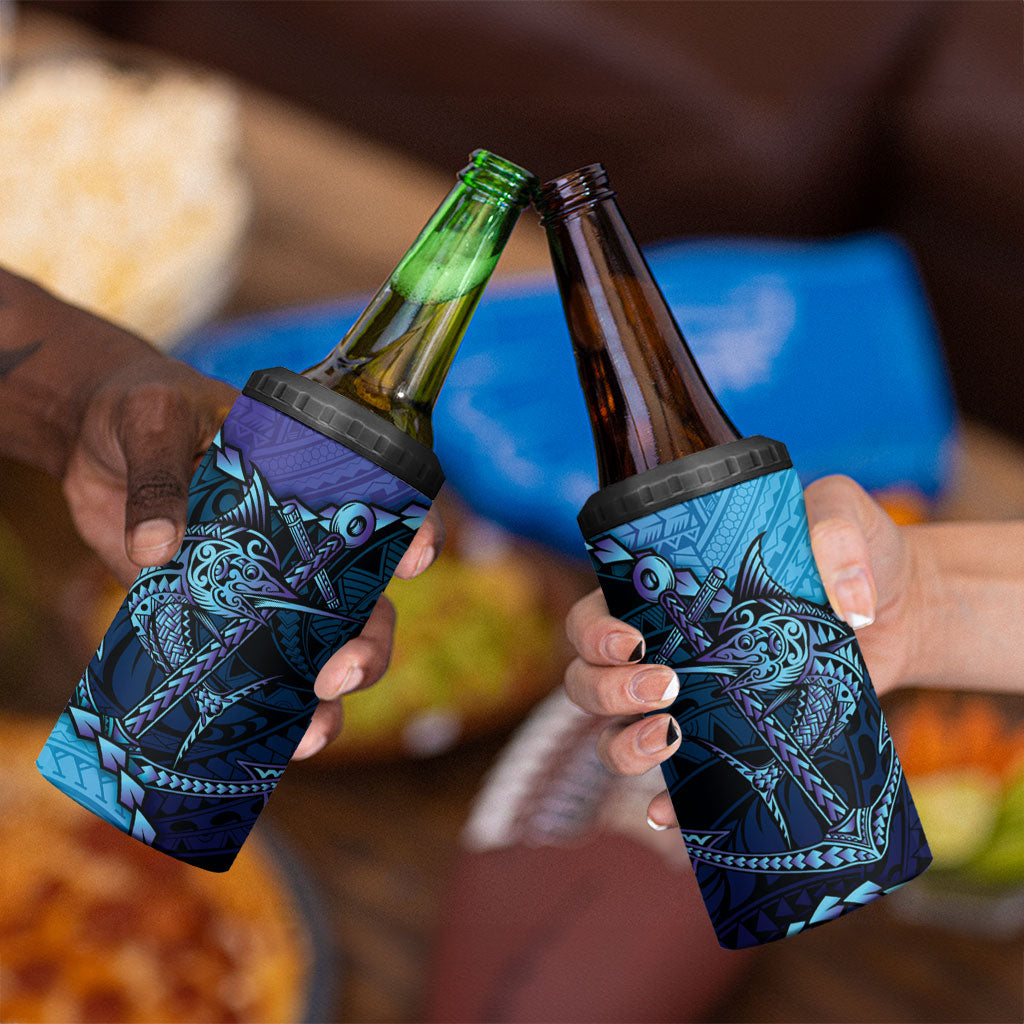 Personalised Polynesia Blue Marlin Fishing 4 in 1 Can Cooler Tumbler Marlin Anchor Tattoo Polynesian Pattern