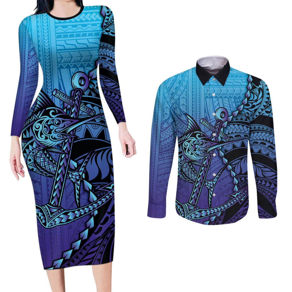 Personalised Polynesia Blue Marlin Fishing Couples Matching Long Sleeve Bodycon Dress and Long Sleeve Button Shirt Marlin Anchor Tattoo Polynesian Pattern LT14 Purple - Polynesian Pride