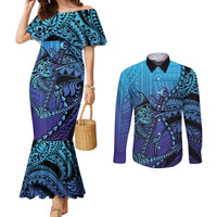 Personalised Polynesia Blue Marlin Fishing Couples Matching Mermaid Dress and Long Sleeve Button Shirt Marlin Anchor Tattoo Polynesian Pattern