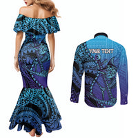 Personalised Polynesia Blue Marlin Fishing Couples Matching Mermaid Dress and Long Sleeve Button Shirt Marlin Anchor Tattoo Polynesian Pattern