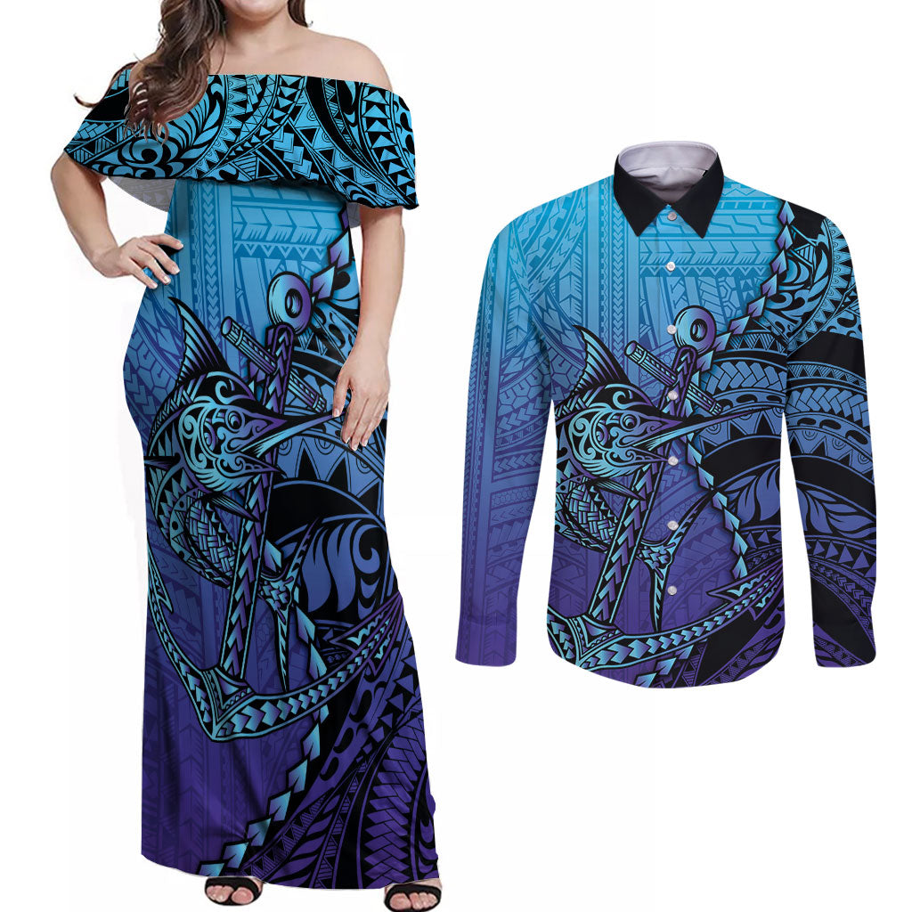 Personalised Polynesia Blue Marlin Fishing Couples Matching Off Shoulder Maxi Dress and Long Sleeve Button Shirt Marlin Anchor Tattoo Polynesian Pattern LT14 Purple - Polynesian Pride