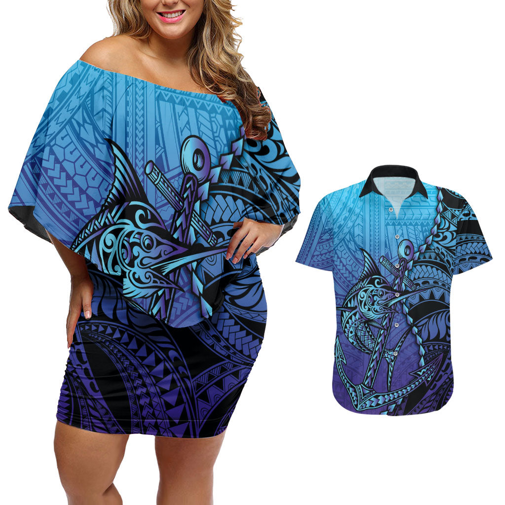 Personalised Polynesia Blue Marlin Fishing Couples Matching Off Shoulder Short Dress and Hawaiian Shirt Marlin Anchor Tattoo Polynesian Pattern