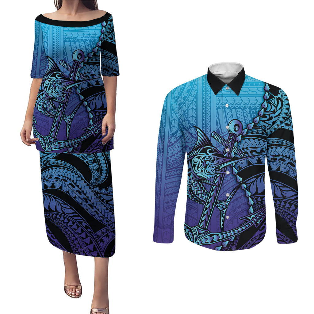 Personalised Polynesia Blue Marlin Fishing Couples Matching Puletasi and Long Sleeve Button Shirt Marlin Anchor Tattoo Polynesian Pattern