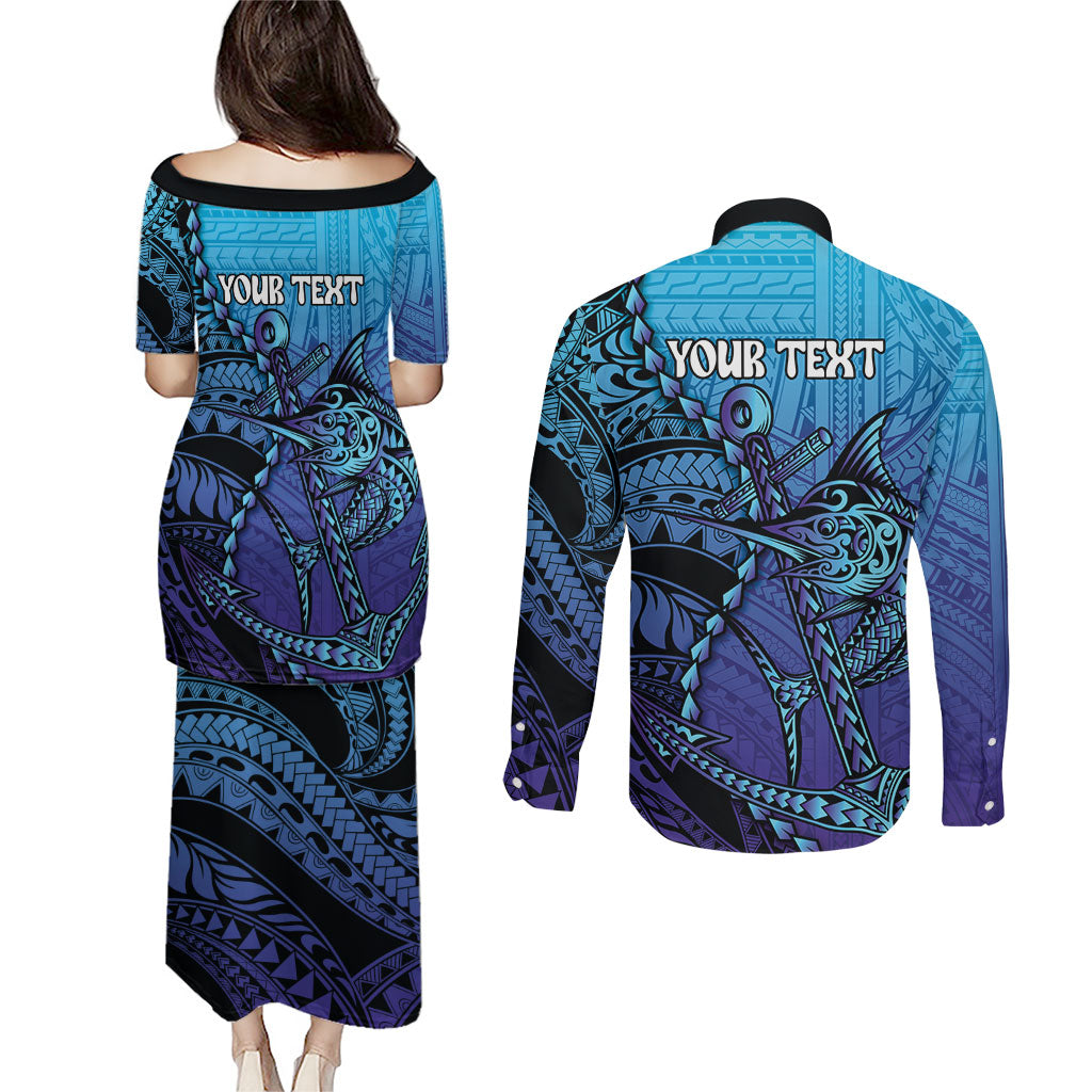 Personalised Polynesia Blue Marlin Fishing Couples Matching Puletasi and Long Sleeve Button Shirt Marlin Anchor Tattoo Polynesian Pattern