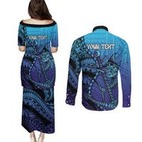 Personalised Polynesia Blue Marlin Fishing Couples Matching Puletasi and Long Sleeve Button Shirt Marlin Anchor Tattoo Polynesian Pattern