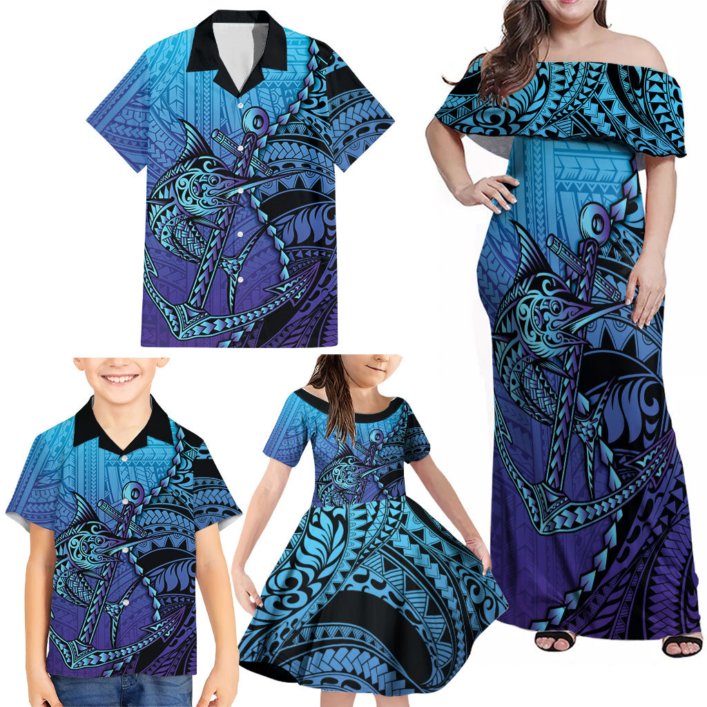 Personalised Polynesia Blue Marlin Fishing Family Matching Off Shoulder Maxi Dress and Hawaiian Shirt Marlin Anchor Tattoo Polynesian Pattern