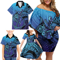 Personalised Polynesia Blue Marlin Fishing Family Matching Off Shoulder Short Dress and Hawaiian Shirt Marlin Anchor Tattoo Polynesian Pattern