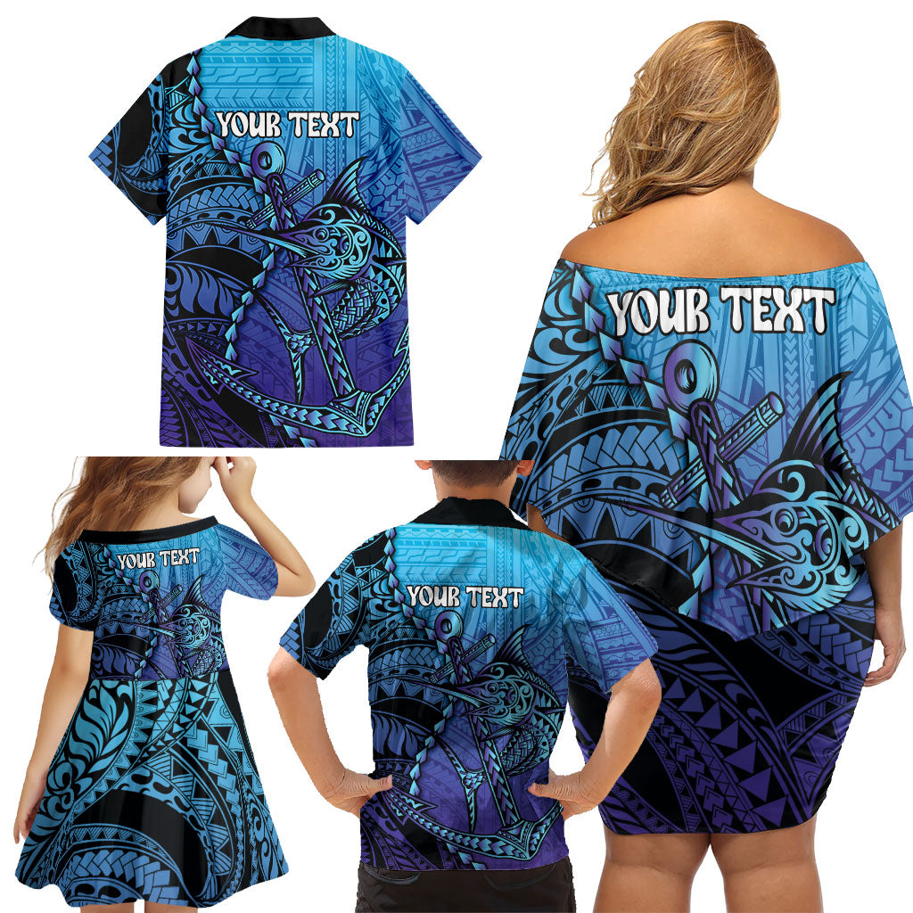 Personalised Polynesia Blue Marlin Fishing Family Matching Off Shoulder Short Dress and Hawaiian Shirt Marlin Anchor Tattoo Polynesian Pattern