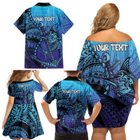 Personalised Polynesia Blue Marlin Fishing Family Matching Off Shoulder Short Dress and Hawaiian Shirt Marlin Anchor Tattoo Polynesian Pattern