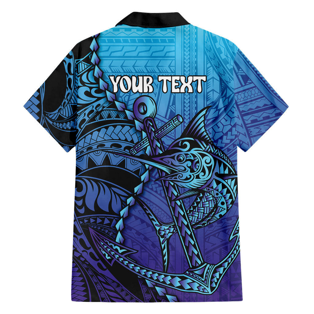 Personalised Polynesia Blue Marlin Fishing Family Matching Off Shoulder Short Dress and Hawaiian Shirt Marlin Anchor Tattoo Polynesian Pattern