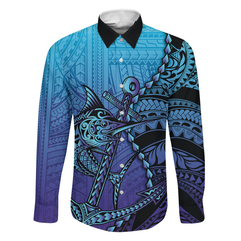 Personalised Polynesia Blue Marlin Fishing Family Matching Off Shoulder Short Dress and Hawaiian Shirt Marlin Anchor Tattoo Polynesian Pattern